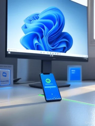 A smartphone sits on a desk in front of a monitor displaying a blue abstract wallpaper.