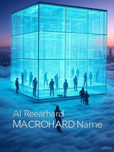 A glowing blue glass cube above the clouds, filled with silhouetted people inside.