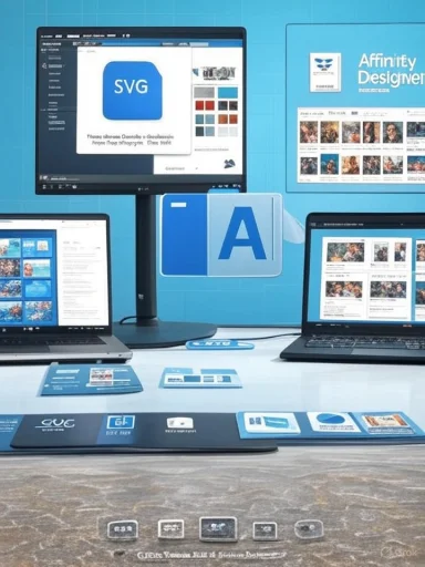 A blue-themed design workspace with multiple monitors showing SVG files and Affinity Designer layouts.