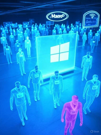 A blue-lit crowd of holographic figures surrounds a glowing Windows display at a tech expo. A blue-lit crowd of holographic figures surrounds a glowing Windows display at a tech expo.