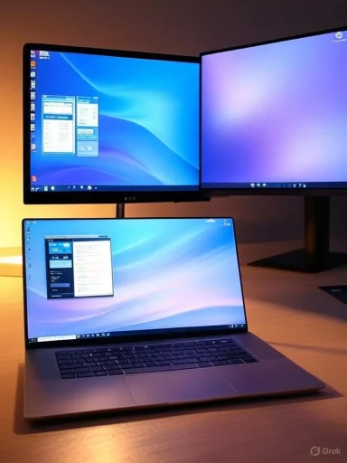 Laptop connected to two external monitors, forming a three-screen workstation.