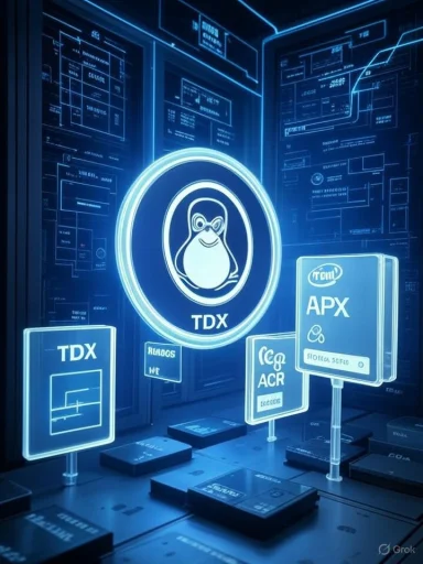 Neon-blue data-center scene with a glowing TDX penguin logo and floating info panels.