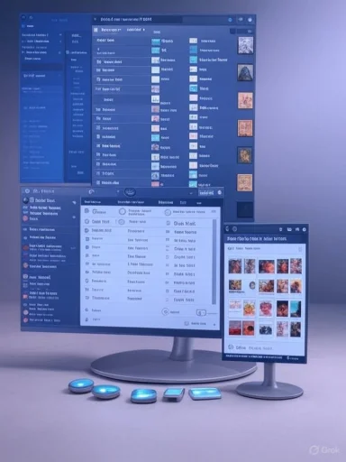 A blue-lit multi-screen computer setup with a large monitor, tablet, and glowing peripherals.