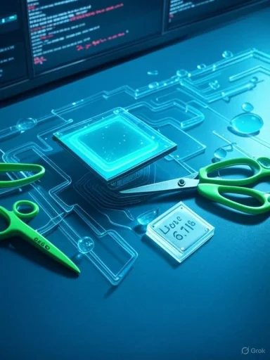 Blue-toned tech lab scene with a translucent circuit board, a microchip, and green scissors.