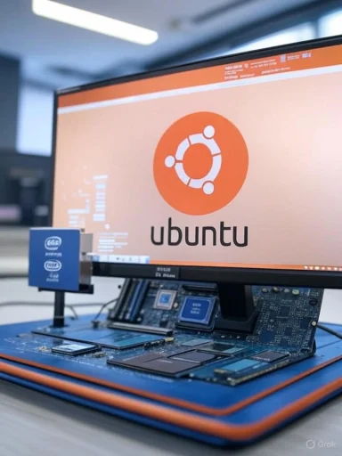 Ubuntu logo on a monitor above a blue circuit-board hardware setup.