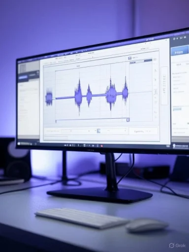 A computer monitor shows a blue audio waveform editing interface in a purple-lit desk setup.