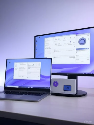 Sleek desk setup with a laptop, a large monitor, and a purple-accented digital device on a stand.