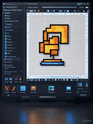 A laptop screen displays a pixel-art orange geometric sculpture being edited in a grid-based design app.