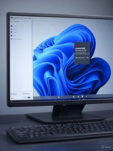 Desktop monitor displaying a blue abstract wallpaper with a small pop-up, on a dark desk with a keyboard.