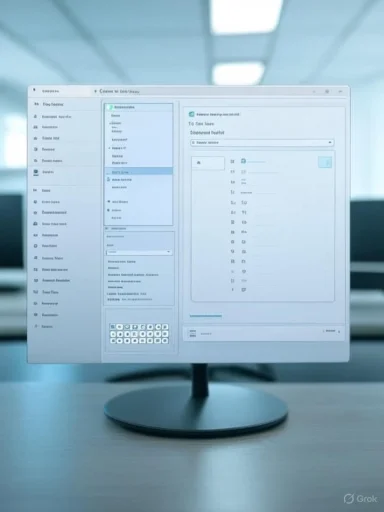 A computer monitor on a desk displays a multi-panel software dashboard in an office.