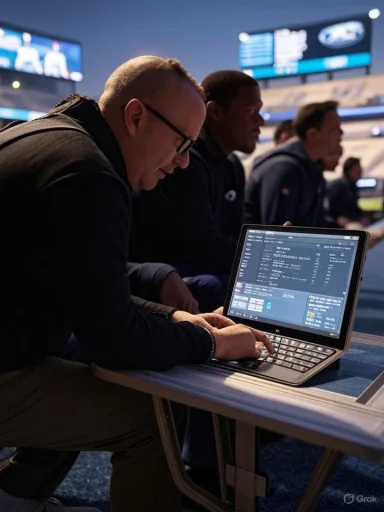 A man wearing glasses works on a laptop at a desk in a stadium.