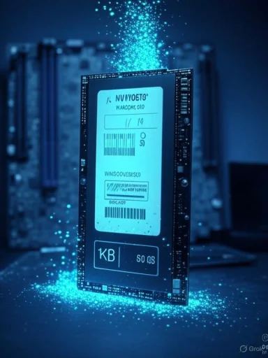 A blue-lit circuit board stands upright with a glowing label, surrounded by sparkling particles.