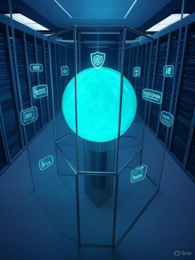A glowing blue orb encased in glass sits in a server room, surrounded by holographic data panels.