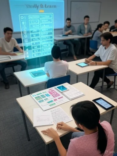 A futuristic classroom where a holographic study board hovers above students.