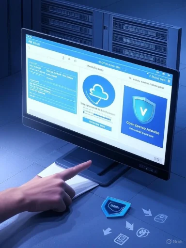 A person taps a large touchscreen showing cloud and security dashboards in a server room.