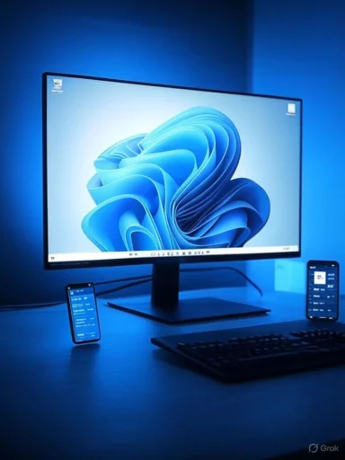 Blue-lit desk setup with a large monitor, keyboard, and two smartphones on either side.