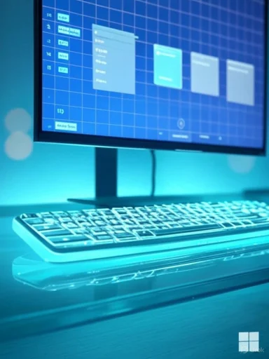 Blue-tinted desktop setup with a Windows-style screen and a glowing keyboard.