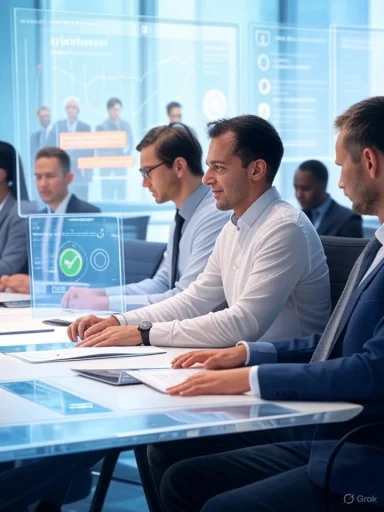 Business professionals in a high-tech meeting use translucent holographic screens with charts.