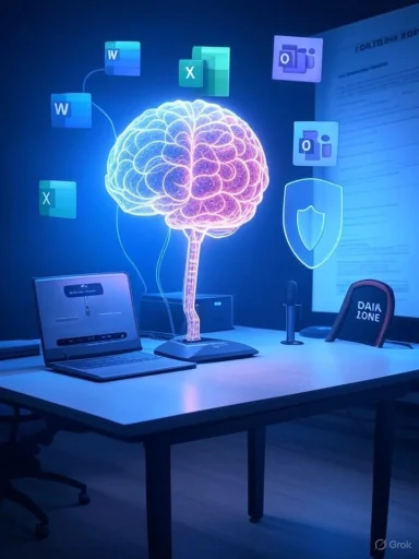 A glowing holographic brain floats above a desk, surrounded by Office app icons.