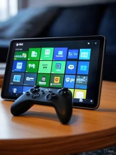 A tablet on a wooden table displays a colorful tiled start screen with a game controller in front.