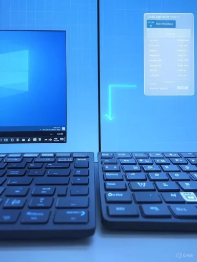 Two laptops side by side with blue screens; left shows Windows, right displays a holographic UI.