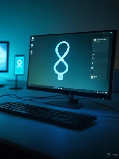 A dark desk setup bathed in blue light, with a monitor displaying a glowing neon infinity symbol.