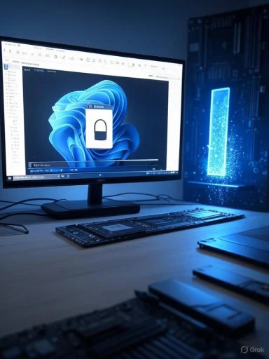 Tech workspace with a monitor displaying a locked icon, blue-lit PC case, and exposed hardware.