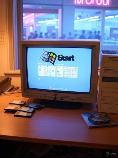Old CRT monitor on a desk shows Windows Start screen, with floppy disks and a vintage PC nearby.