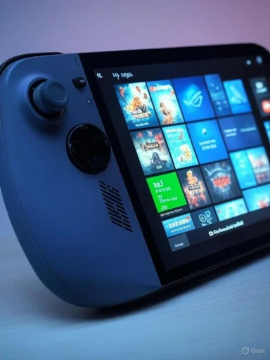 Blue handheld gaming device with a tilted touchscreen displaying a grid of colorful game icons.