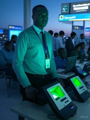 A uniformed staff member with an ID badge stands at glowing green-screen terminals in a busy control room.