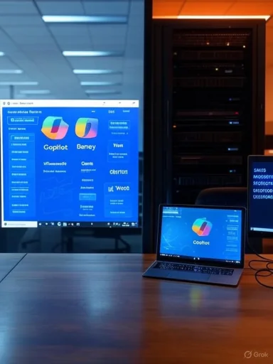 A laptop on a wooden table in front of a large blue-screen monitor, with server racks in the background.