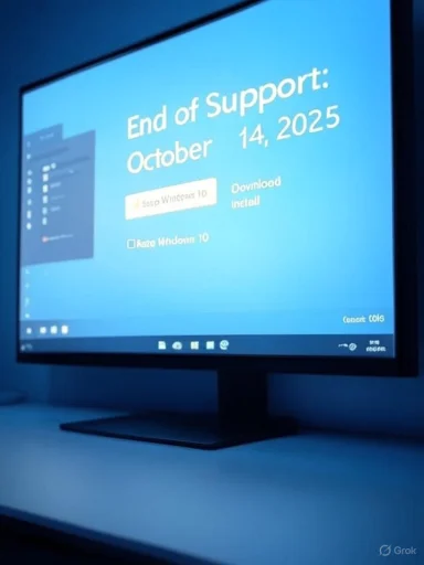 A computer monitor shows a blue screen alert: 'End of Support: October 14, 2025.'