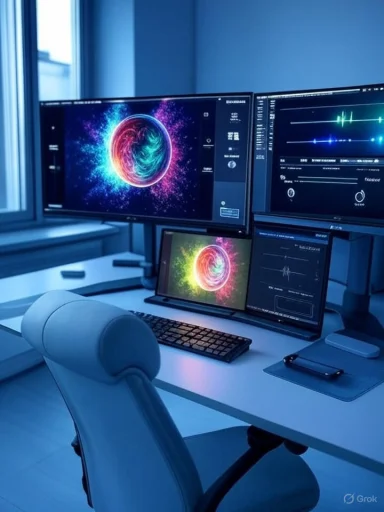 Blue-lit workstation with multiple screens displaying neon circular art.