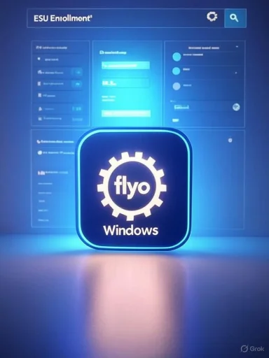 A glowing Windows icon for 'Flyo' with a gear emblem, set against a blue dashboard UI.