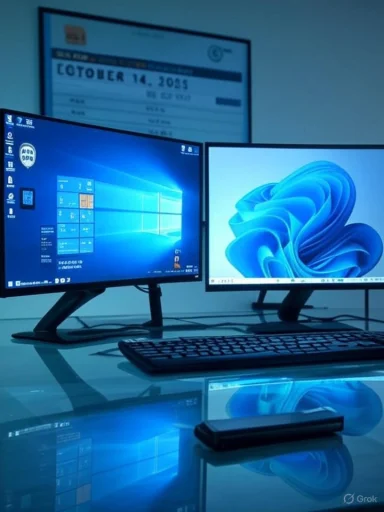 Dual-monitor workstation on a glass desk with a blue Windows wallpaper and keyboard.