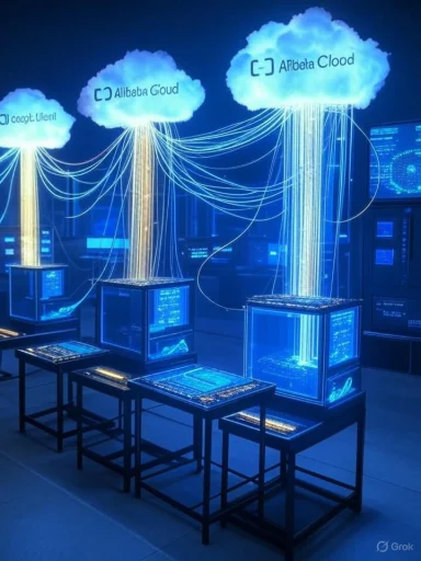 Futuristic data lab with glowing cloud icons labeled Alibaba Cloud and interconnected cables.