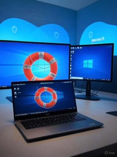 Desk setup with a laptop and two monitors displaying Windows desktops with a red lifebuoy wallpaper.
