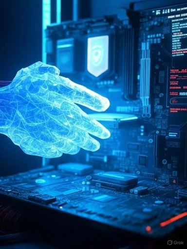 A blue holographic hand points at a motherboard inside a blue-lit server.