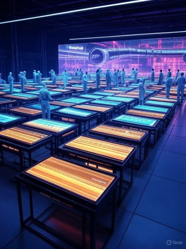 Futuristic data lab with rows of glowing touch-screen tables and blue-suited figures.