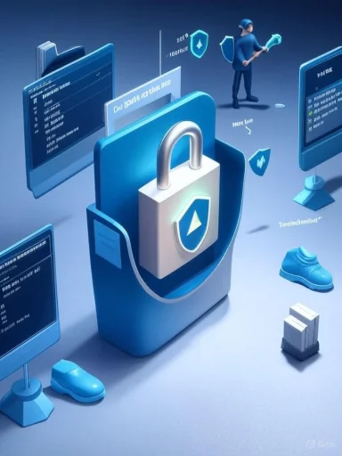 Isometric digital security scene with a large padlock protecting files and shield icons.