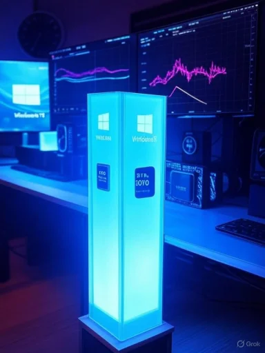 A glowing blue LED display pillar with Windows logos in a high-tech workstation.