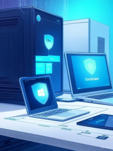 Blue-toned data center with servers and laptops displaying shield security icons.