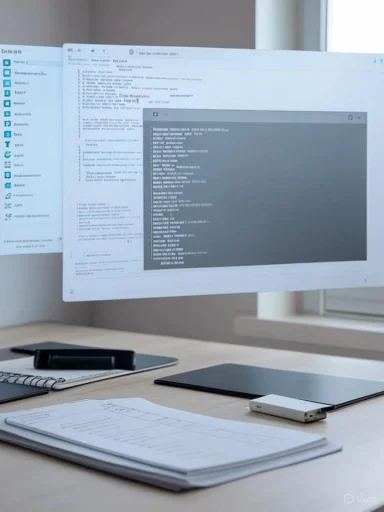 A tidy desk with a large monitor displaying code, plus notebooks and an external drive.