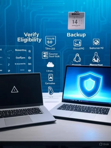 Two laptops on a desk in front of a blue, security-themed backdrop showing Backup and Verify Eligibility.
