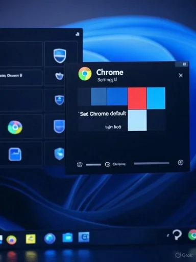 Windows desktop with a Chrome settings dialog showing a color palette and the default browser prompt.