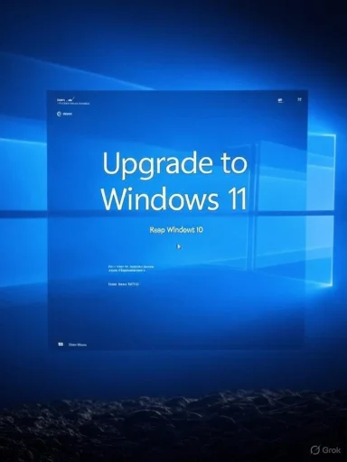 A Windows upgrade prompt on a blue Windows 10 desktop, urging to install Windows 11.