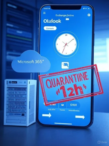 Phone screen shows Outlook/Exchange Online with a red “Quarantine 12h” stamp and a Microsoft 365 cloud.