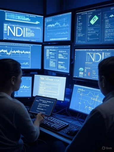 Two analysts monitor multiple blue-lit screens displaying graphs and data in a control room.