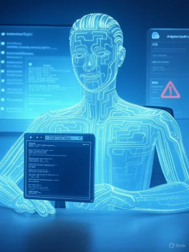 A blue holographic humanoid with circuit patterns analyzes code on a tablet.