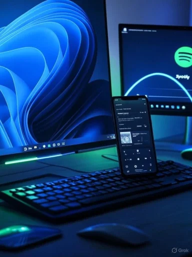 Blue-lit desk setup with a curved main monitor, a second screen, a phone, and a backlit keyboard.